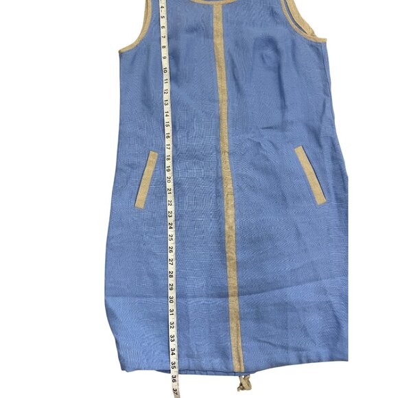 iLinen Sleeveless Linen Shift Dress Blue With Beige Trim & Pockets Size M - Picture 6 of 8
